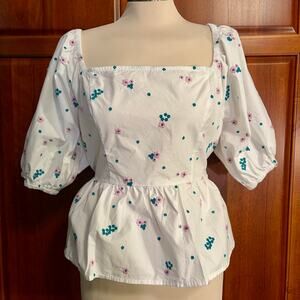 Barbour Fairacre Embroidered Floral Cutout Cotton Poplin Top Womens 10